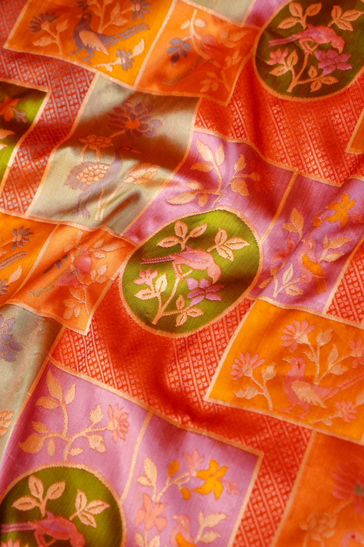 Handwoven Rangkat Banarasi Pure Katan Silk Birds Motif Saree