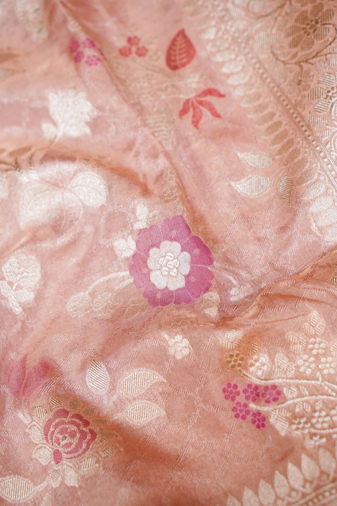 Rose Gold Handwoven Banarasi Pure Katan Tissue Silk Meenakari Saree