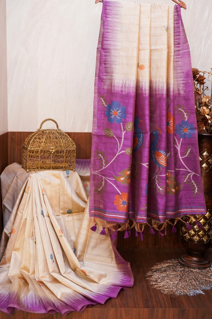 Cream Tussar Silk Saree with Meenakari Bootidar &amp; Purple Peacock Motif Pallu