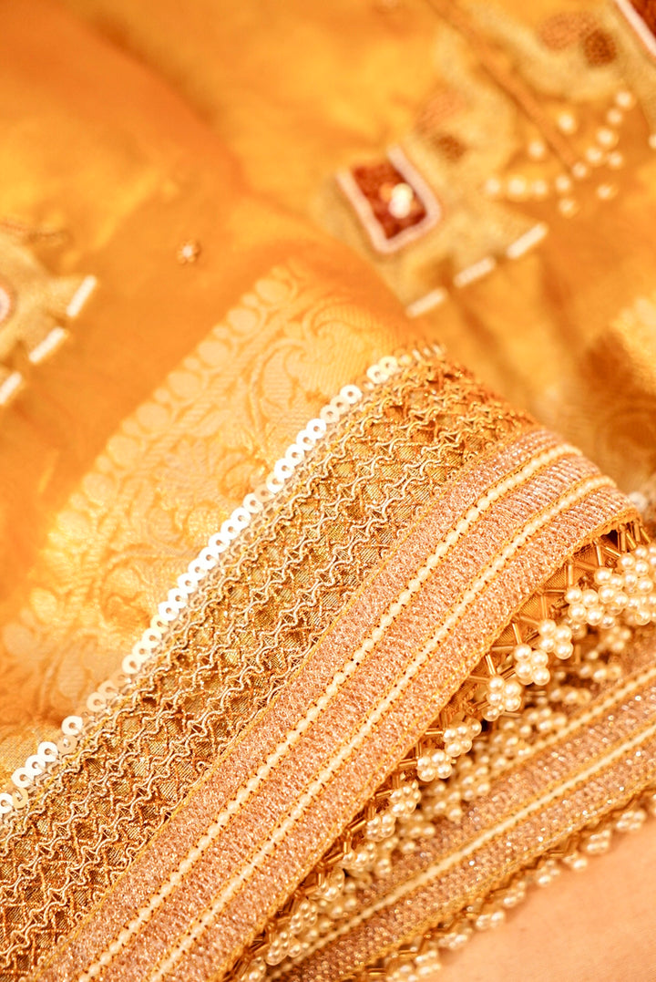 Golden Gajanan Maharani Tissue Saree with Hand Embroidery and Pearl Border