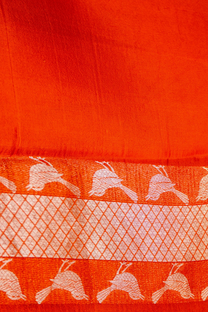 Rust Handwoven Bridal Banarasi Katan Silk Saree with Golden Zari Bird Motifs