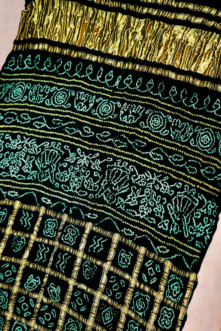 Timeless Bridal Grace Dark Green Gharchola Silk Saree with Zari Checks & Bandhej Motifs