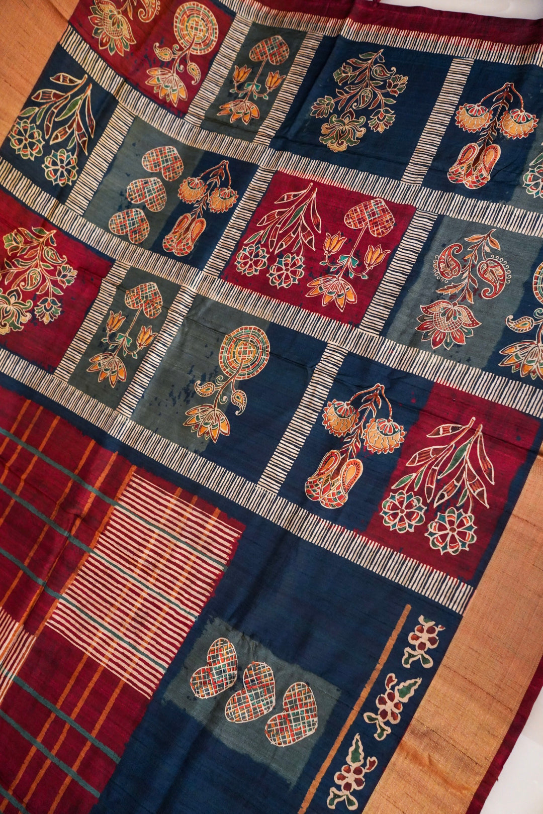 Teal Blue Tussar Silk Saree with Elegant Printed Check Pattern