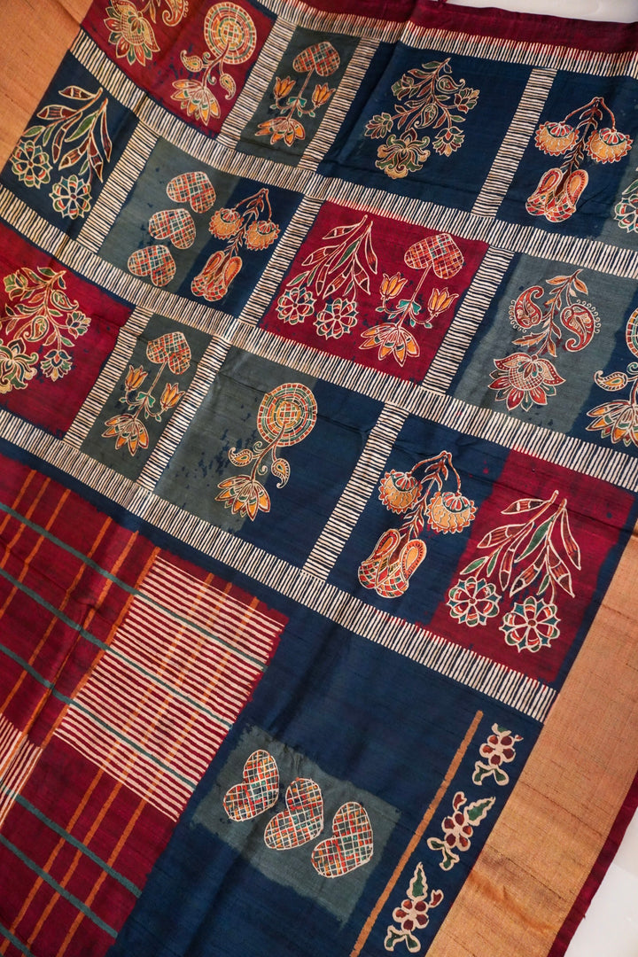 Teal Blue Tussar Silk Saree with Elegant Printed Check Pattern