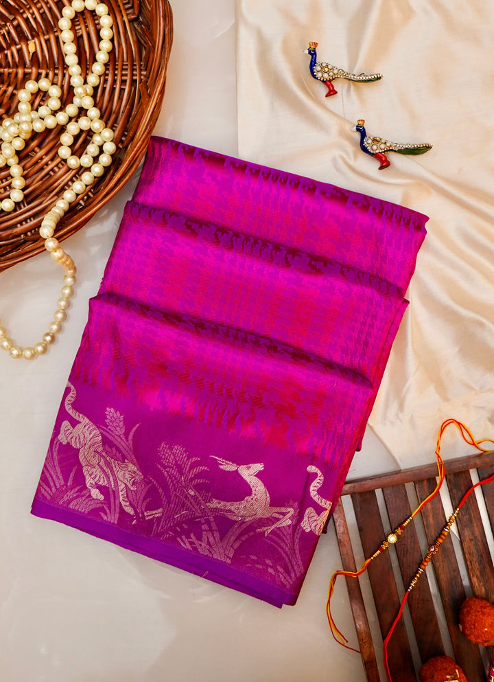 Magenta Handwoven Banarasi Pure Katan Silk Saree with Shikargah Zari Border & Pallu