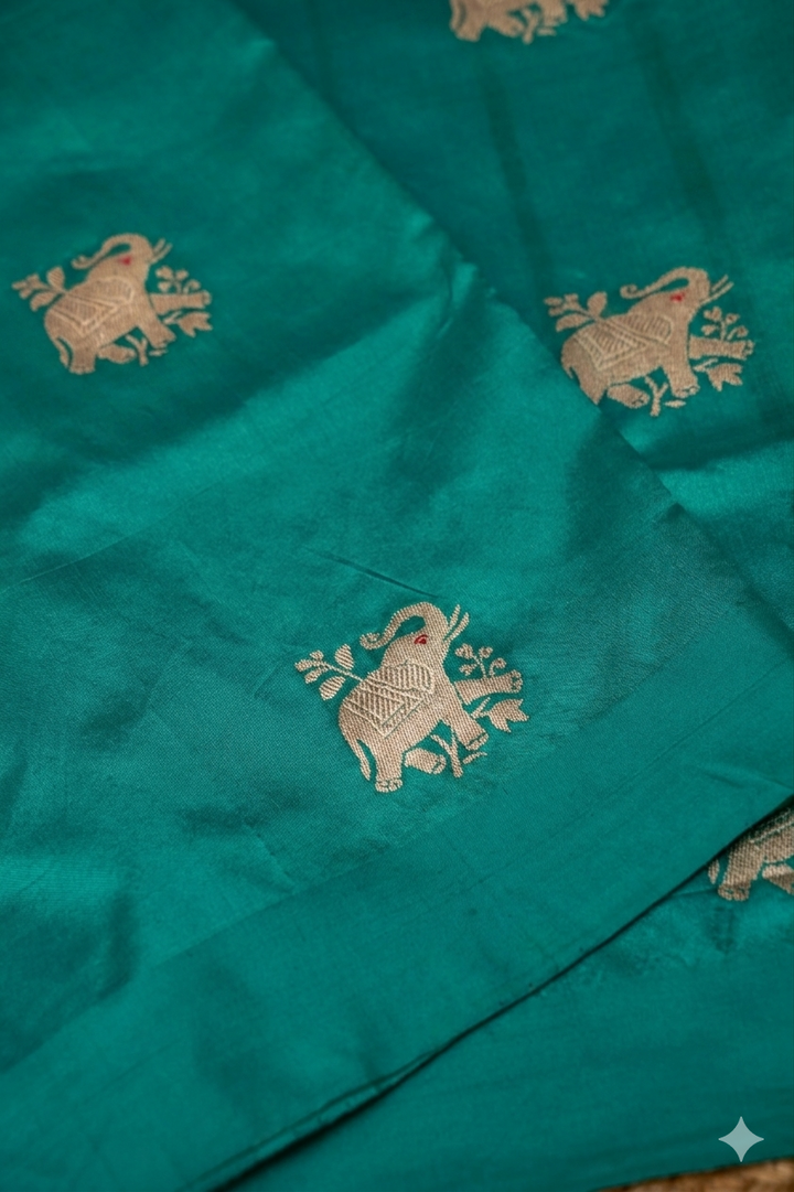 Graceful Teal Green Handwoven Banarasi Pure Puna Silk Saree with Zari Elephant Motifs