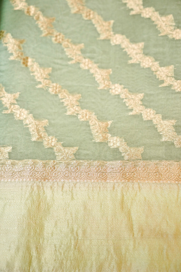 Banarasi Pastel Green Organza Silk Saree with Silk Weaving Border Blouse