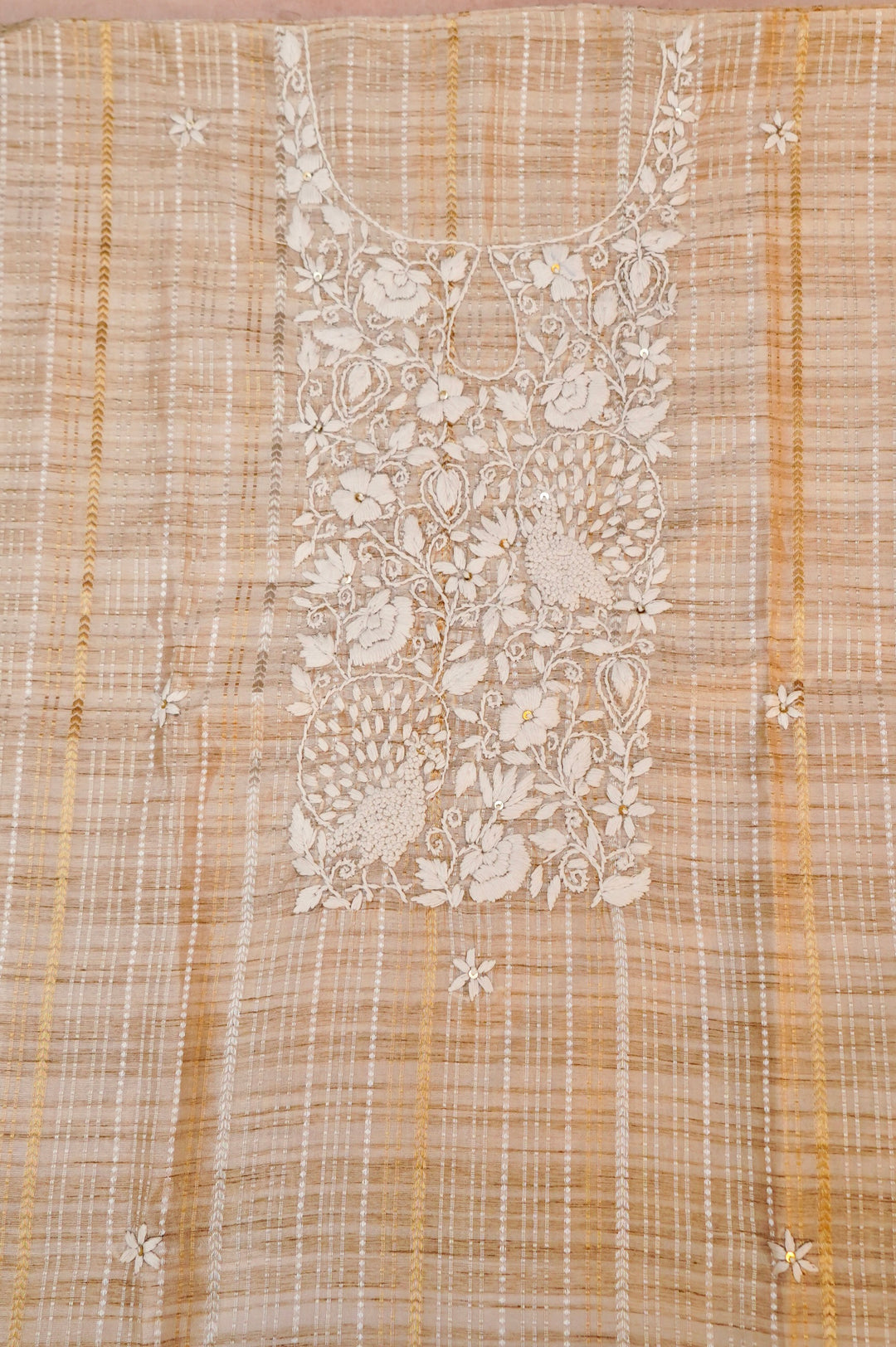 Unstitched Designer Beige Gold Tussar Silk Suit with French Knot Thread Embroidery