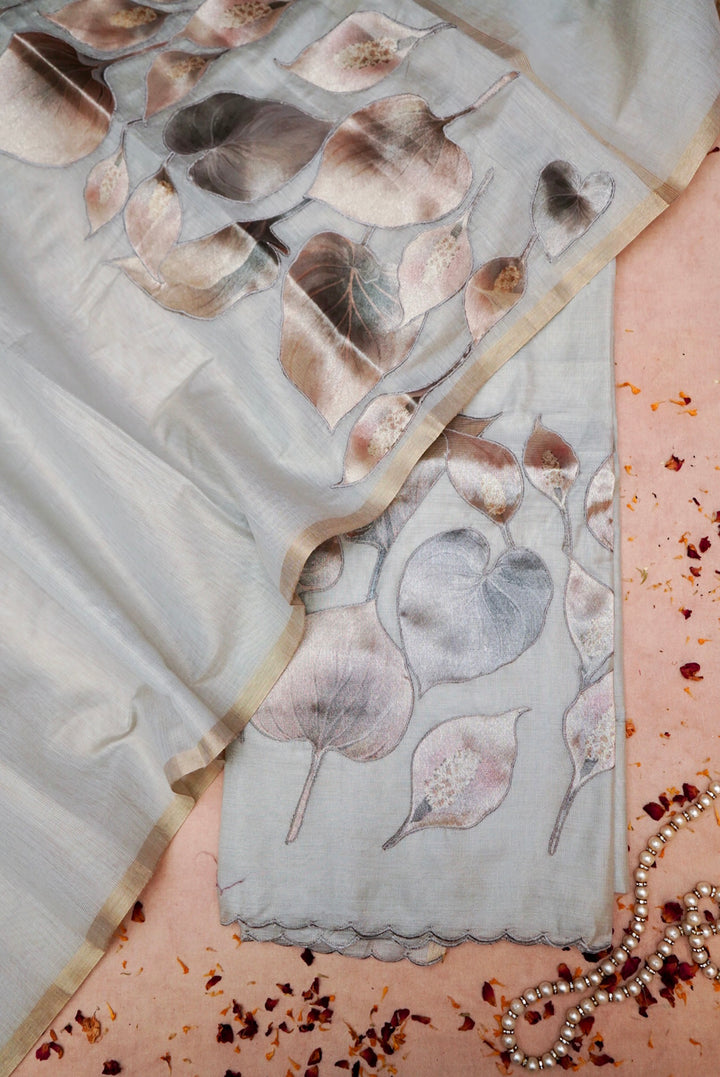 Grey Pure Chanderi Tissue Suit with Appliqué Work