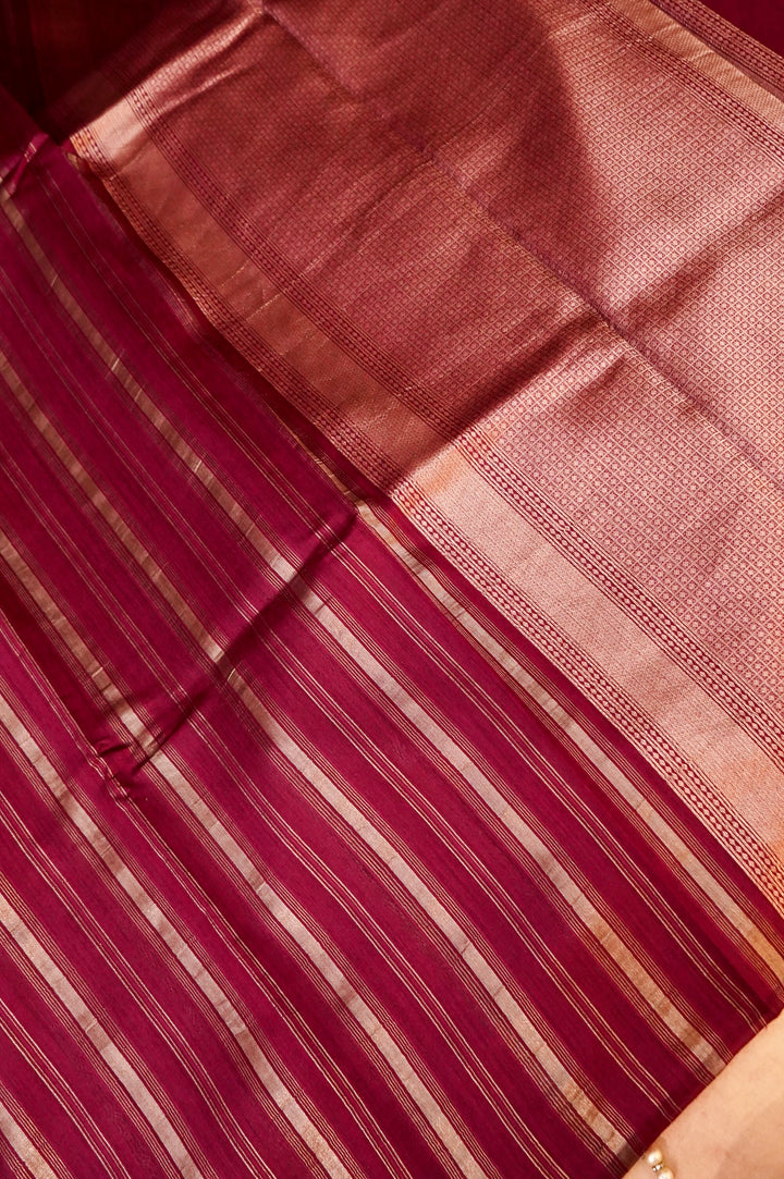 Pure Banarasi Silk Saree with Stripes & Shibori Weaving in Wine