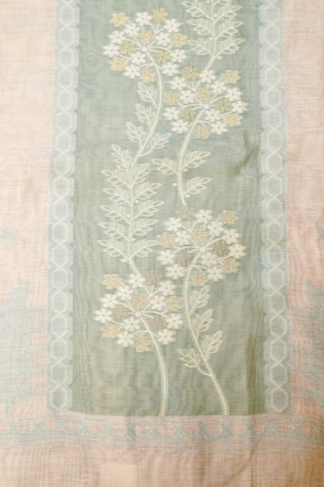 Off White &amp; Green Floral Woven Unstitched Suit Set