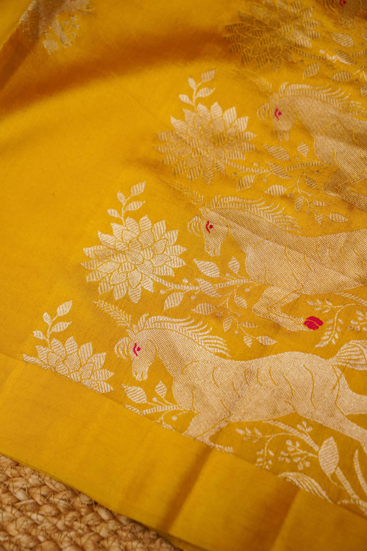 Haldi Wear Handwoven Banarasi Pure Katan Silk Elephant Motif Saree View 5