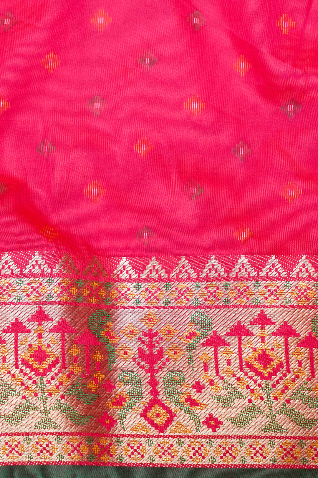 Pink Soft Silk Ikat Inspired Bridal Saree with Golden Zari Heavy Border & Pallu
