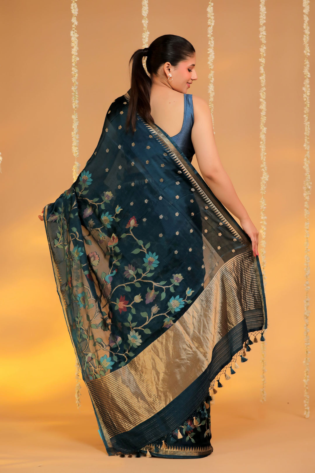 teal blue kota silk figure motif silk border saree back view