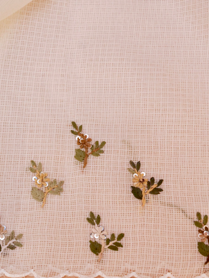 White Pure Kota Saree with Kantha Embroidery Hand Painted Motifs View 2