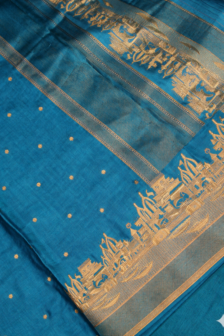 Teal Blue Banarasi Mashru Silk Saree with Ghat Designing Border