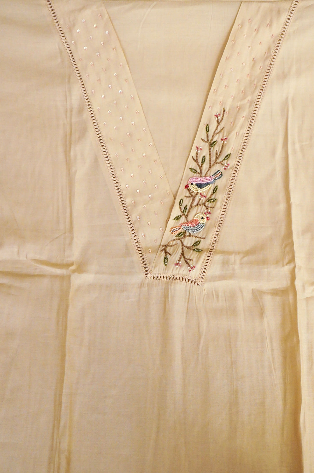 Beige Chanderi Silk Suit Set with Thread Embroidery Work