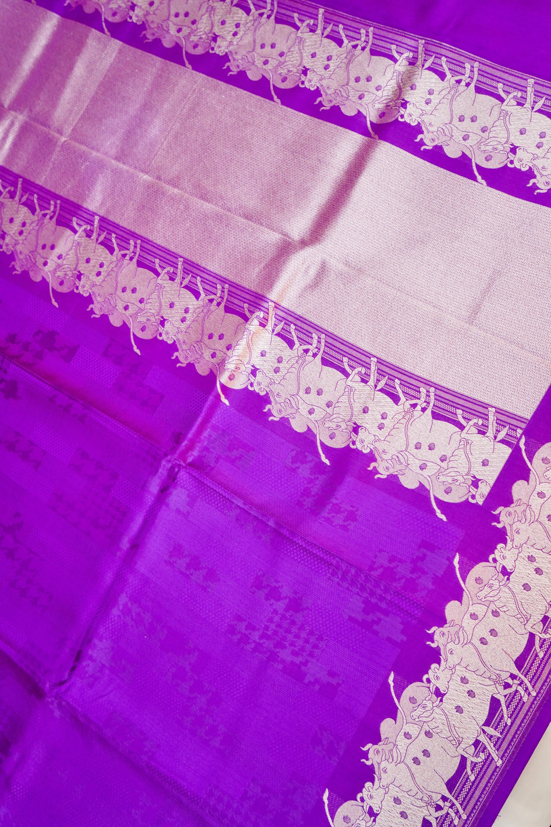 Handwoven Purple Banarasi Pure Katan Soft Silk Saree with Golden Zari Weave Nandi Motif Border