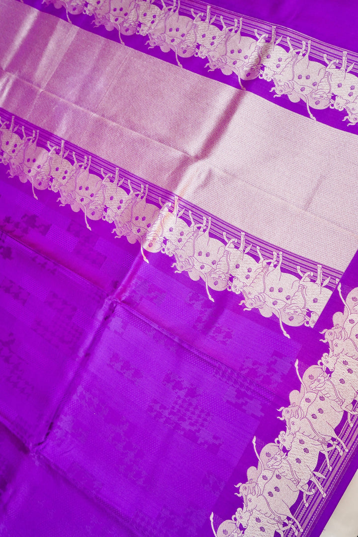 Handwoven Purple Banarasi Pure Katan Soft Silk Saree with Golden Zari Weave Nandi Motif Border