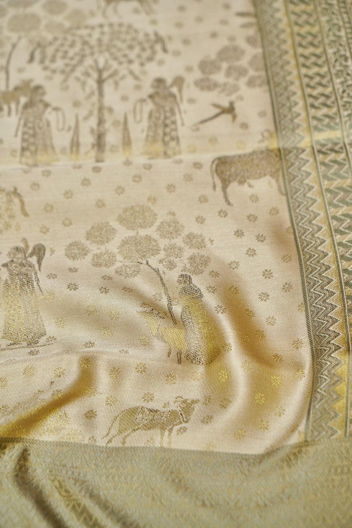 Elegant Beige Handwoven Pure Banarasi Tanchoi Silk Saree