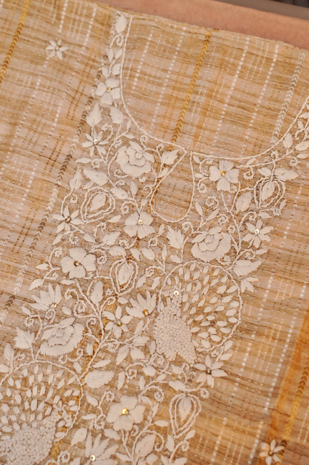 Unstitched Designer Beige Gold Tussar Silk Suit with French Knot Thread Embroidery