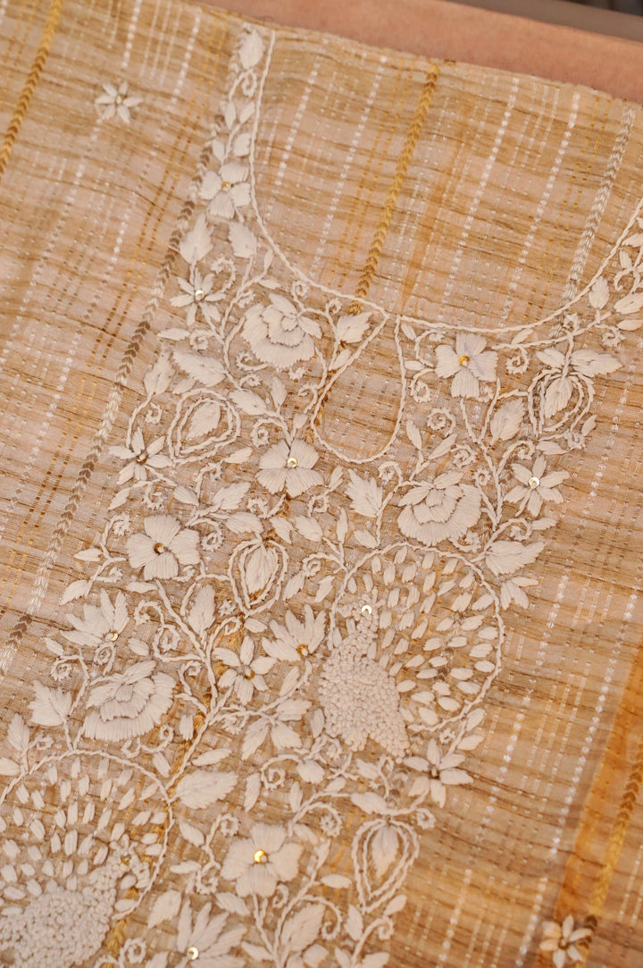 Unstitched Designer Beige Gold Tussar Silk Suit with French Knot Thread Embroidery