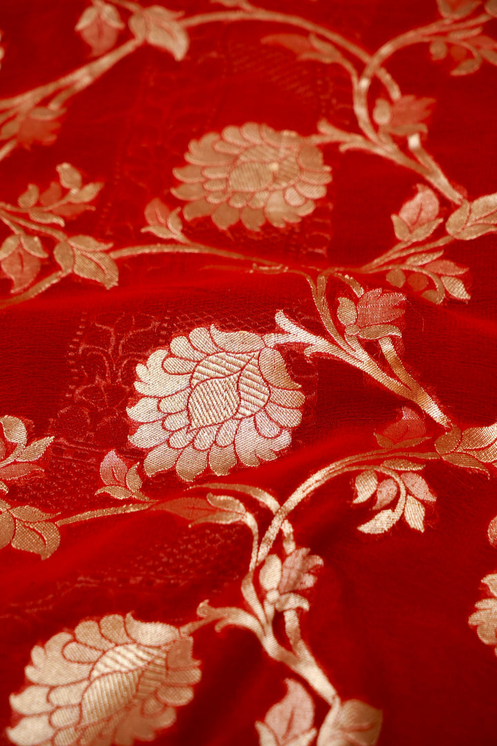 Handloom Red Pure Banarasi Khaddi Georgette Saree with Contrast Border &amp; Pallu