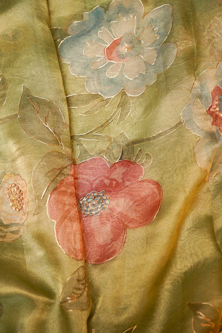 Designer Hand Painted Light Green Pitta Zari Pure Tissue Saree View 6