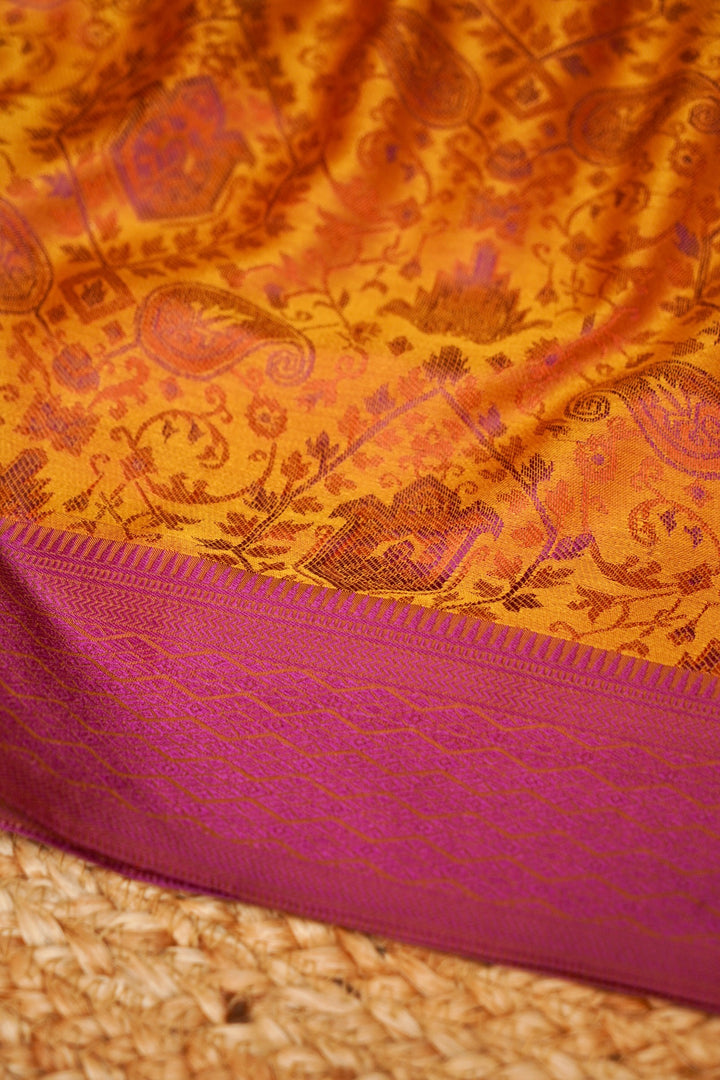 Mustard Yellow Handwoven Banarasi Tanchoi Silk Saree with Resham Art