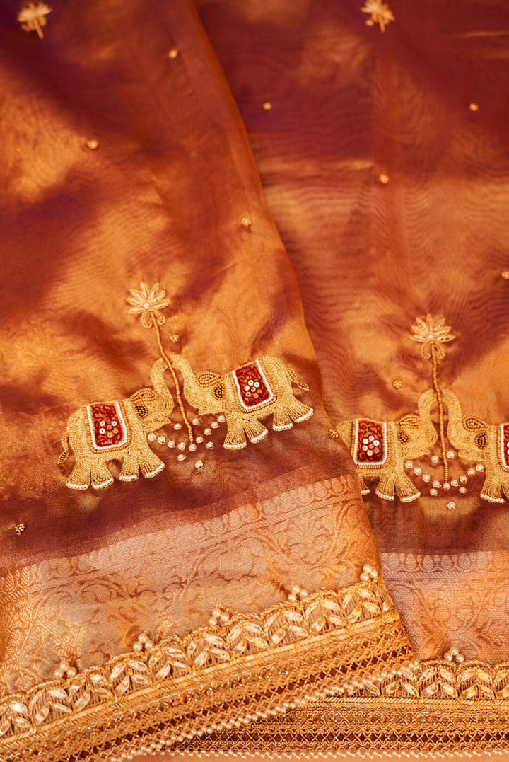 Copper Gold Gajanan Maharani Tissue Saree with Hand Embroidery and Pearl Border