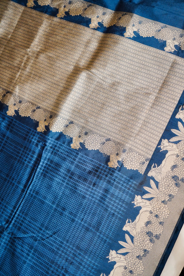 Teal Blue Handwoven Banarasi Katan Silk Saree with Golden Zari Shikargah Border & Pallu