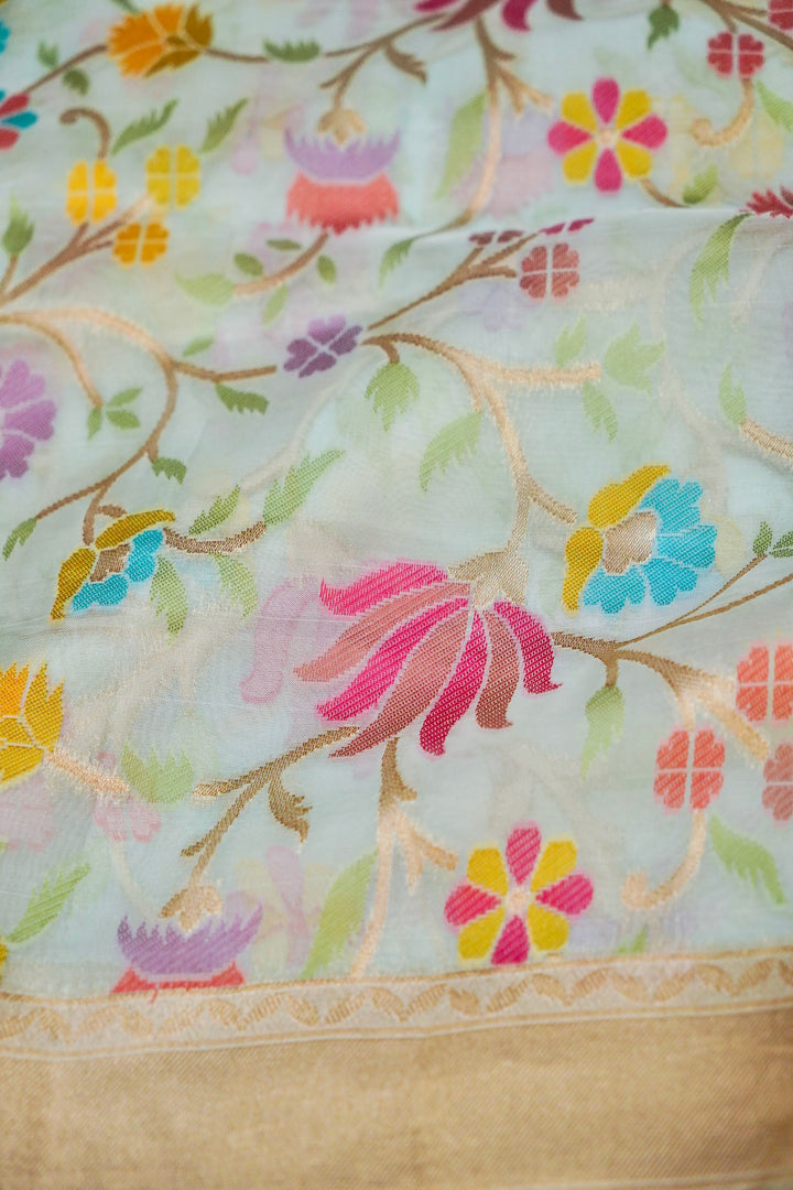 Elegant Serenity Powder Blue Kora Silk Saree with Tilfi Zari & Meenakari Jaal Weave