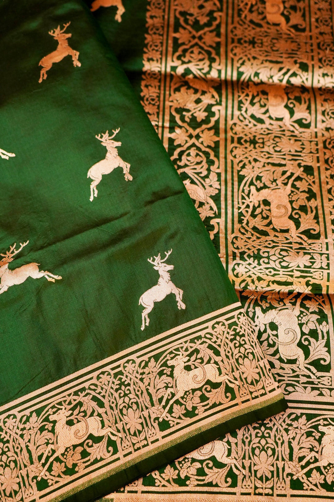 Handwoven Green Banarasi Pure Katan Silk Animal Motif Saree