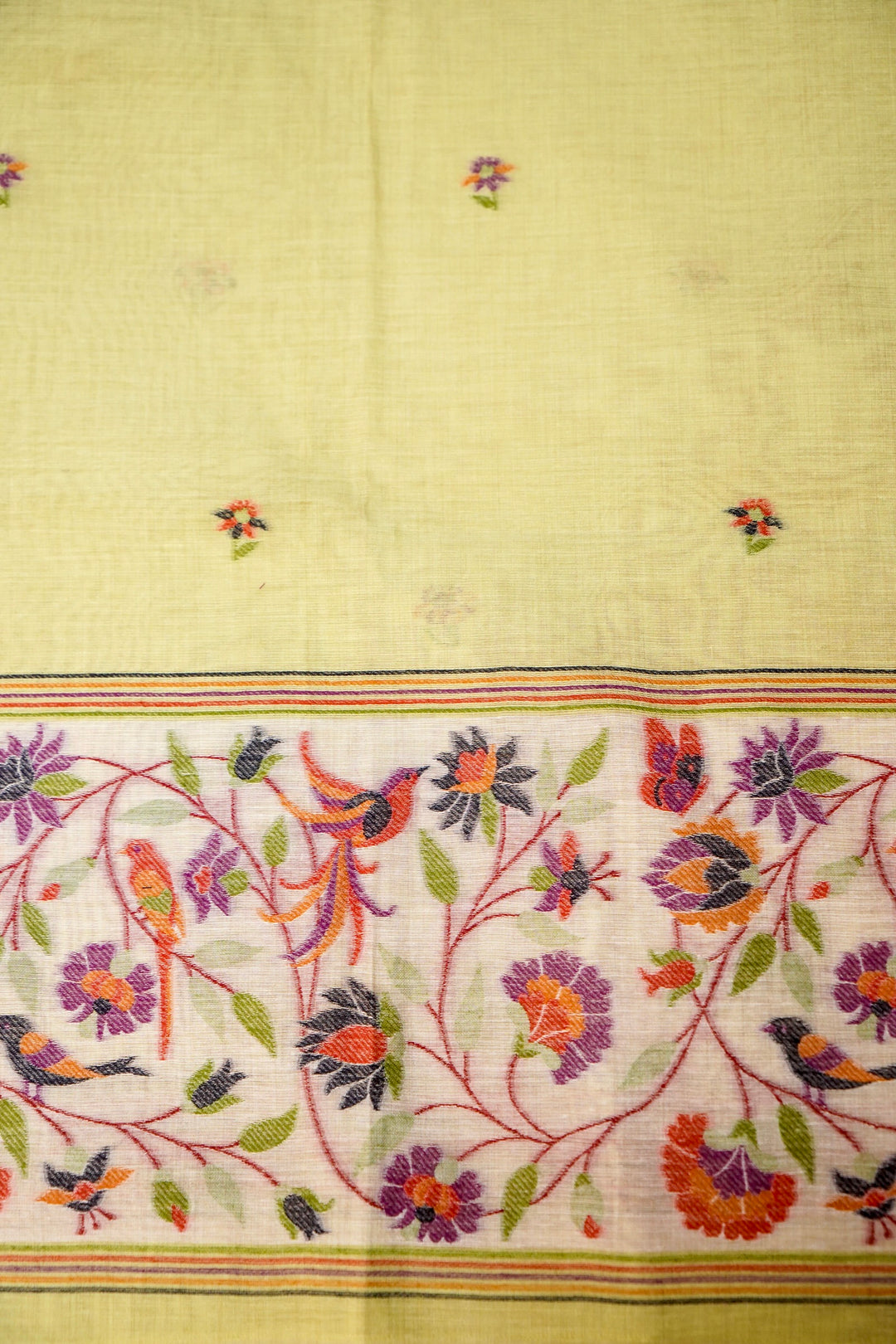 Pista Green Floral &amp; Bird Print Unstitched Suit Set with Artistic Dupatta