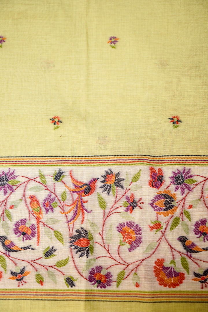 Pista Green Floral &amp; Bird Print Unstitched Suit Set with Artistic Dupatta