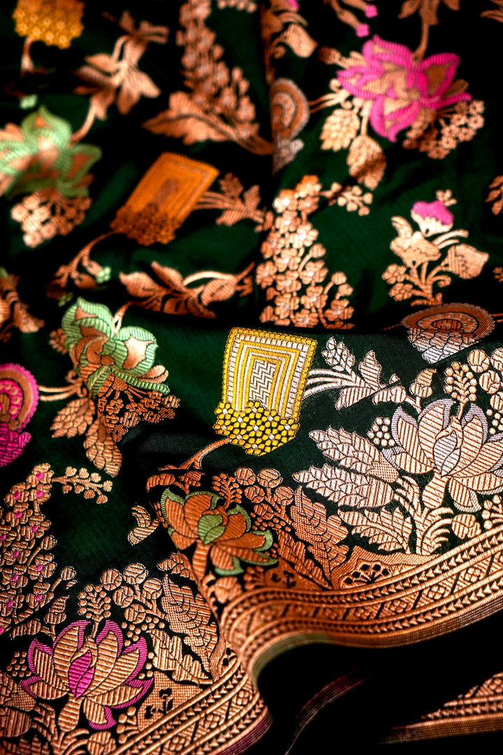 Majestic Bottle Green Banarasi Katan Silk Saree Handwoven Meenakari Jaal with Sona-Rupa Zari