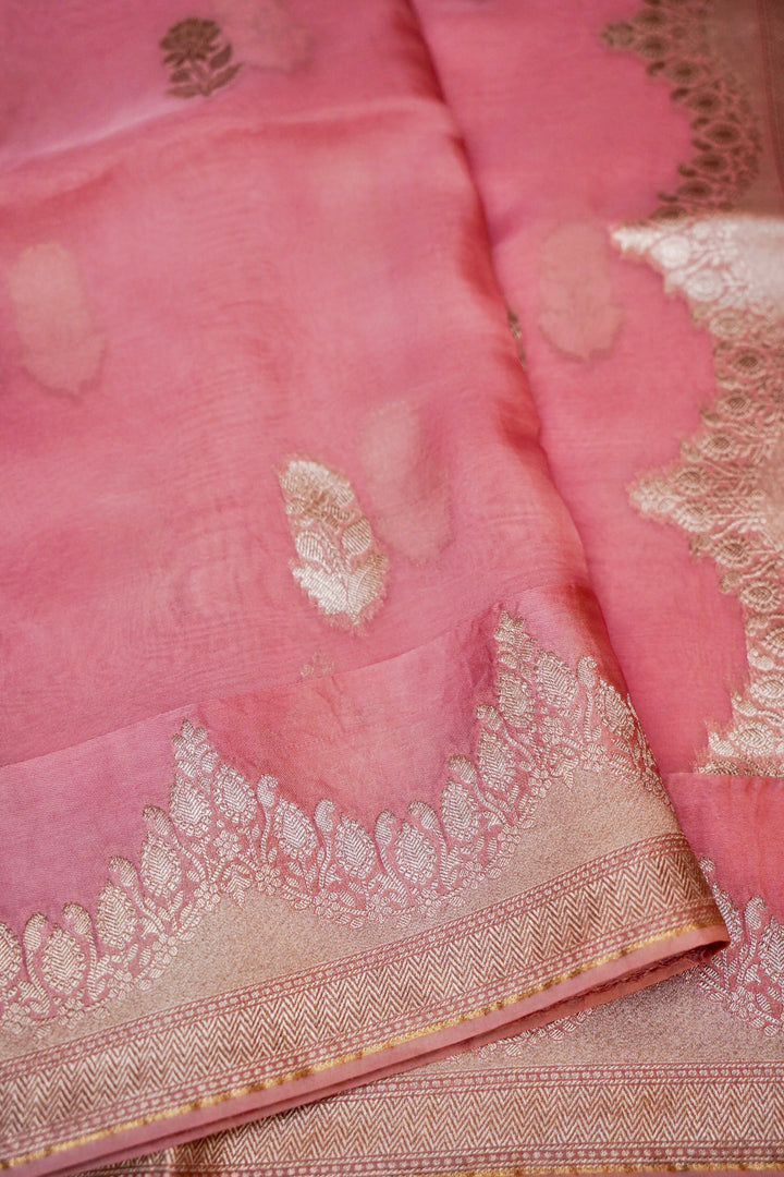 Charming Pink Banarasi Kora Silk Saree Handwoven Bootidar Design with Leheriya Border