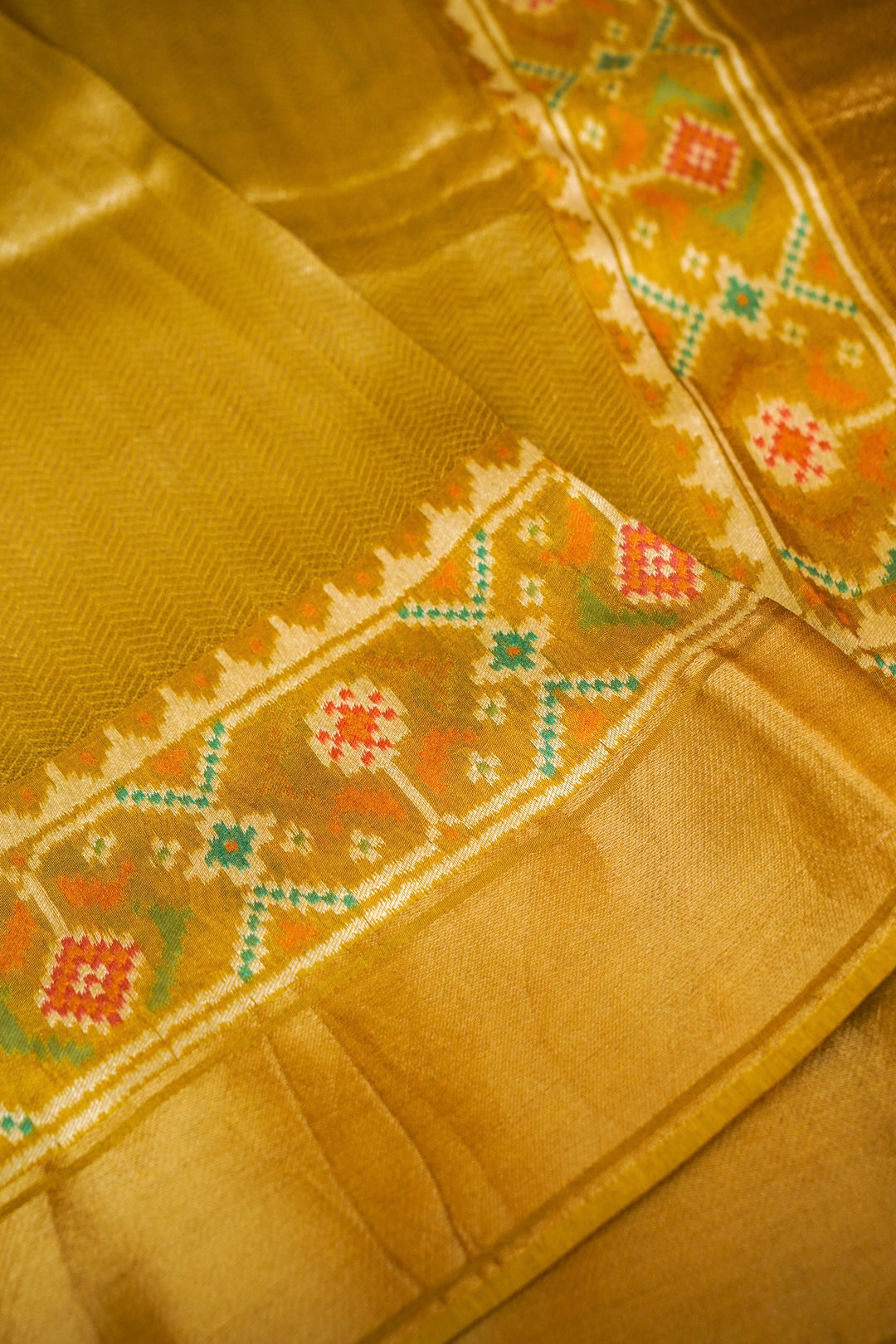 Olive Green Pure Soft Silk Brocade Saree with Patola Inspired Woven Border