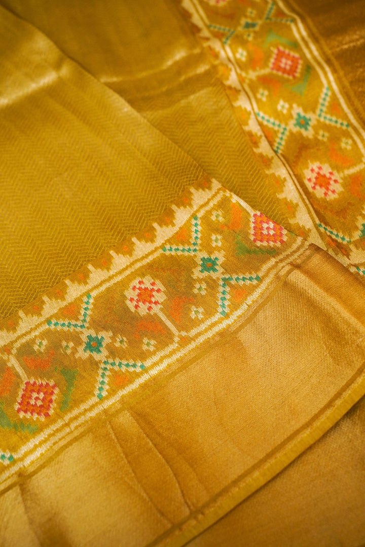 Olive Green Pure Soft Silk Brocade Saree with Patola Inspired Woven Border