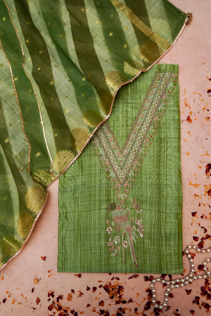 Green Pure Chanderi Silk Suit with Zardozi and Gotta Work