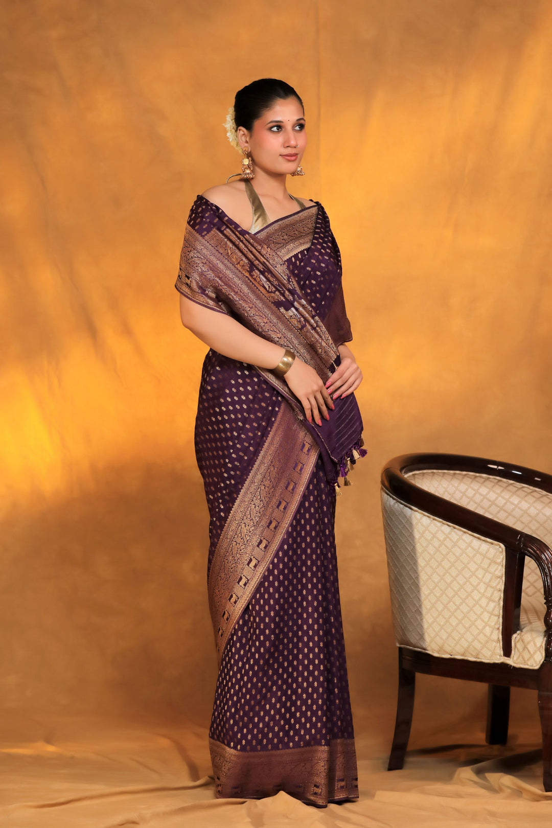 dark purple chinon georegette zari weave shikargah border meenakari saree side view