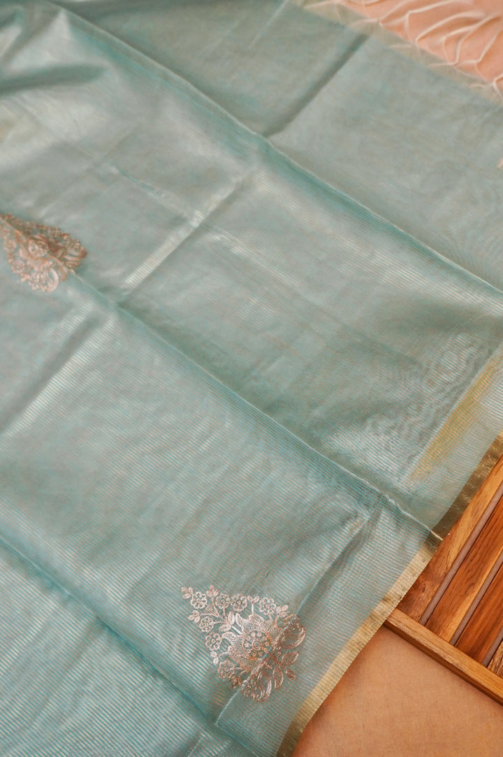 Unstitched Powder Blue Pure Chanderi Tissue Suit Set
