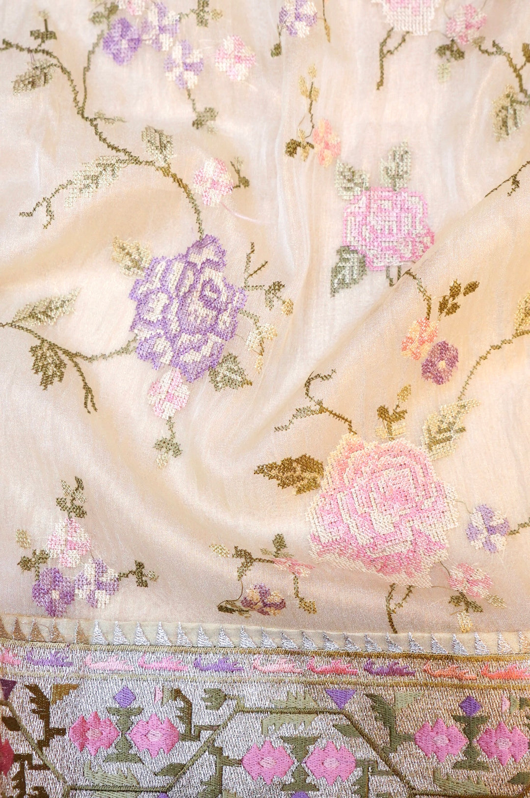 Beige Banarasi Crush Tissue Silk Suit Set with Embroidery Work