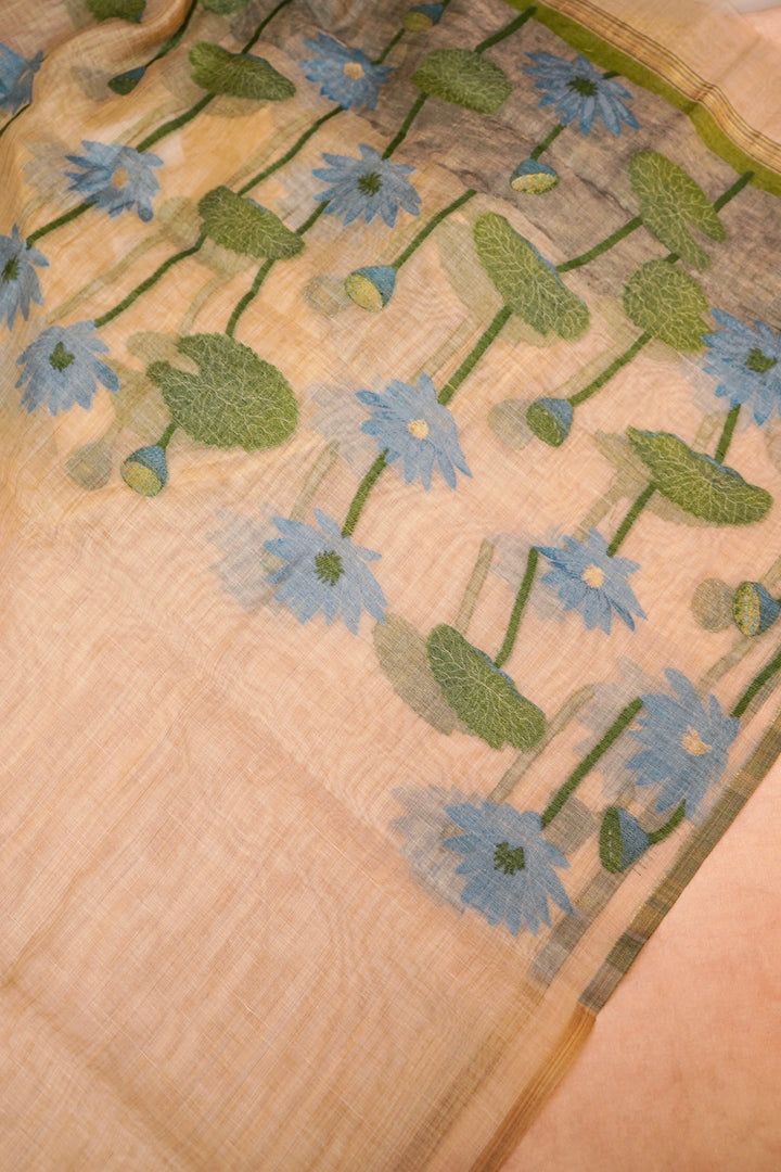 Beige-Gold Cotton Silk Suit Set with Thread Embroidery