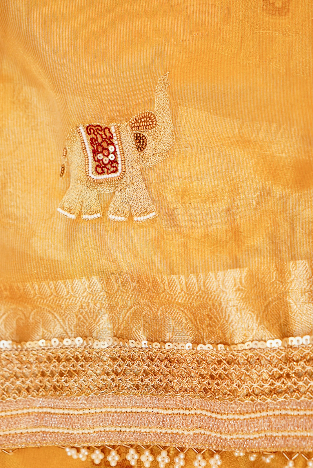 Golden Gajanan Maharani Tissue Saree with Hand Embroidery and Pearl Border
