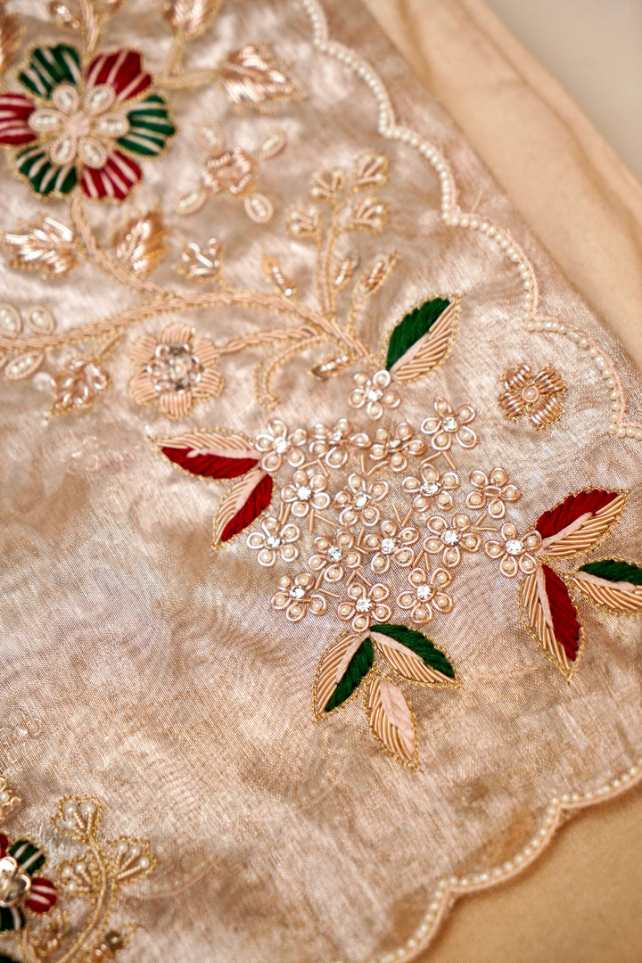Gold Silver Tissue Silk Saree with Self Tanchoi Weaving Zardozi Resham Embroidery View 6