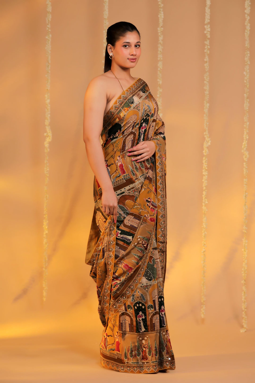 mustard yellow designer crepe silk katha embroider figure motif haldi wear saree side view