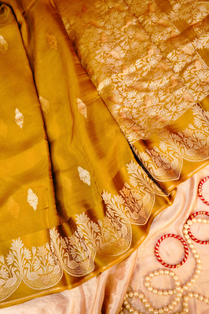 Radiant Mustard Yellow Sonaroopa Muslin Organza Haldi Wear Saree
