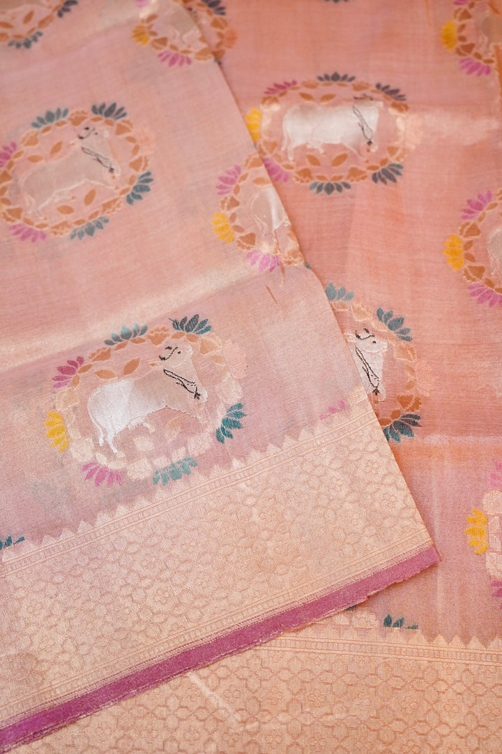 Handwoven Rose Gold Banarasi Pure Tissue Katan Silk Saree with Nandi Motifs