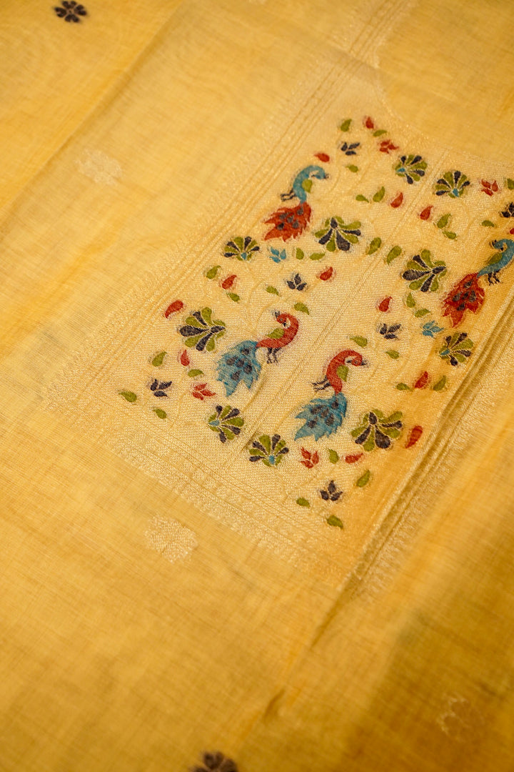 Yellow Handwoven Cotton Unstitched Suit Set with Peacock Woven Dupatta
